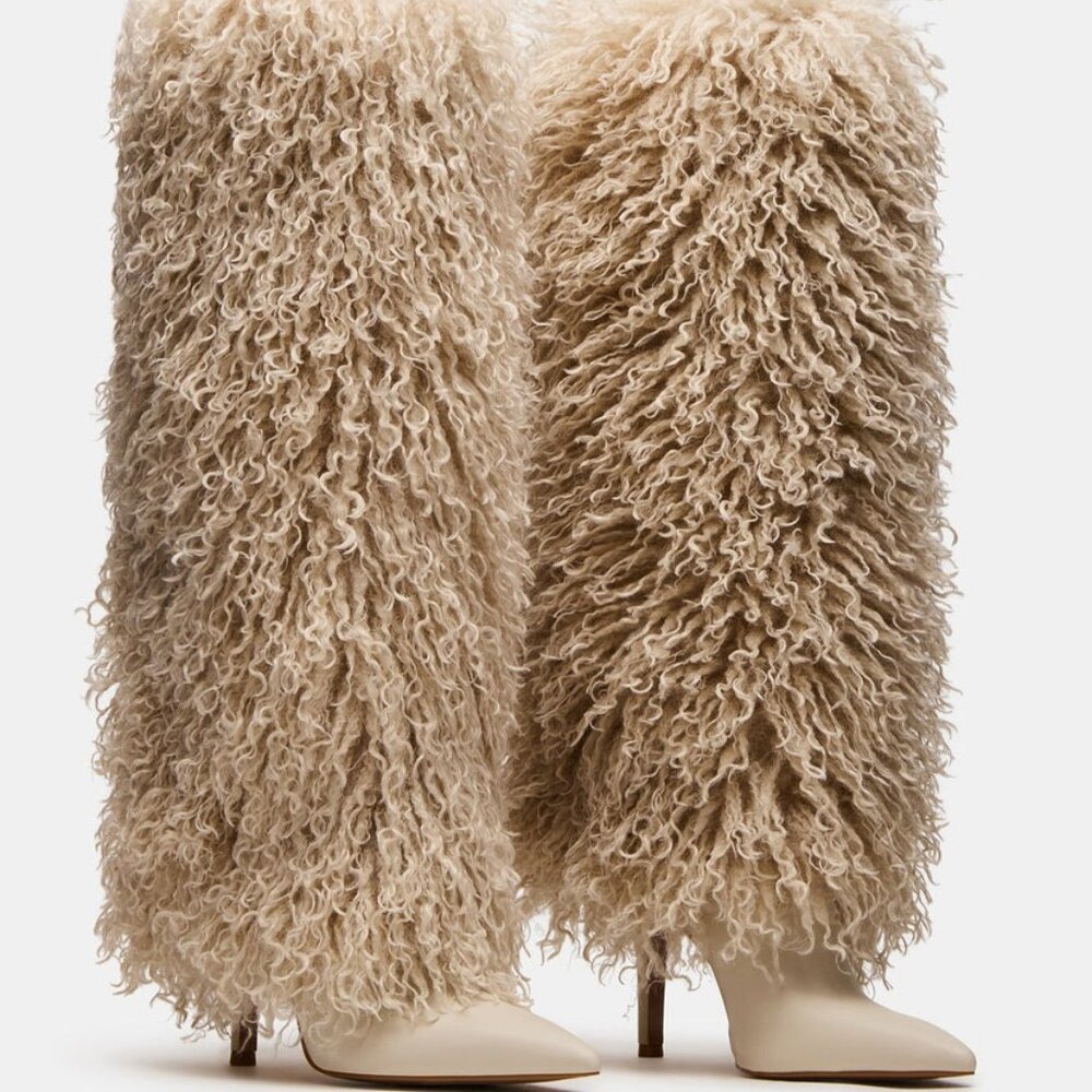 Steve Madden Icon Boot in Off-White shearling monglian fur knee high heels